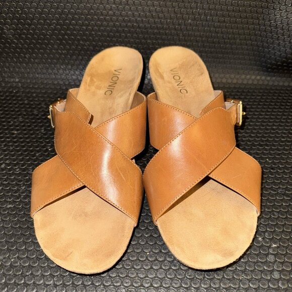 Vionic Libbie Brown Leather Criss Cross Wedge Sandals Shoes Women's Size 8 - Picture 2 of 9